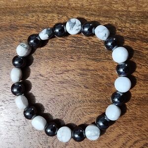 Handmade Black Hematite and White Howlite Beaded Bracelet